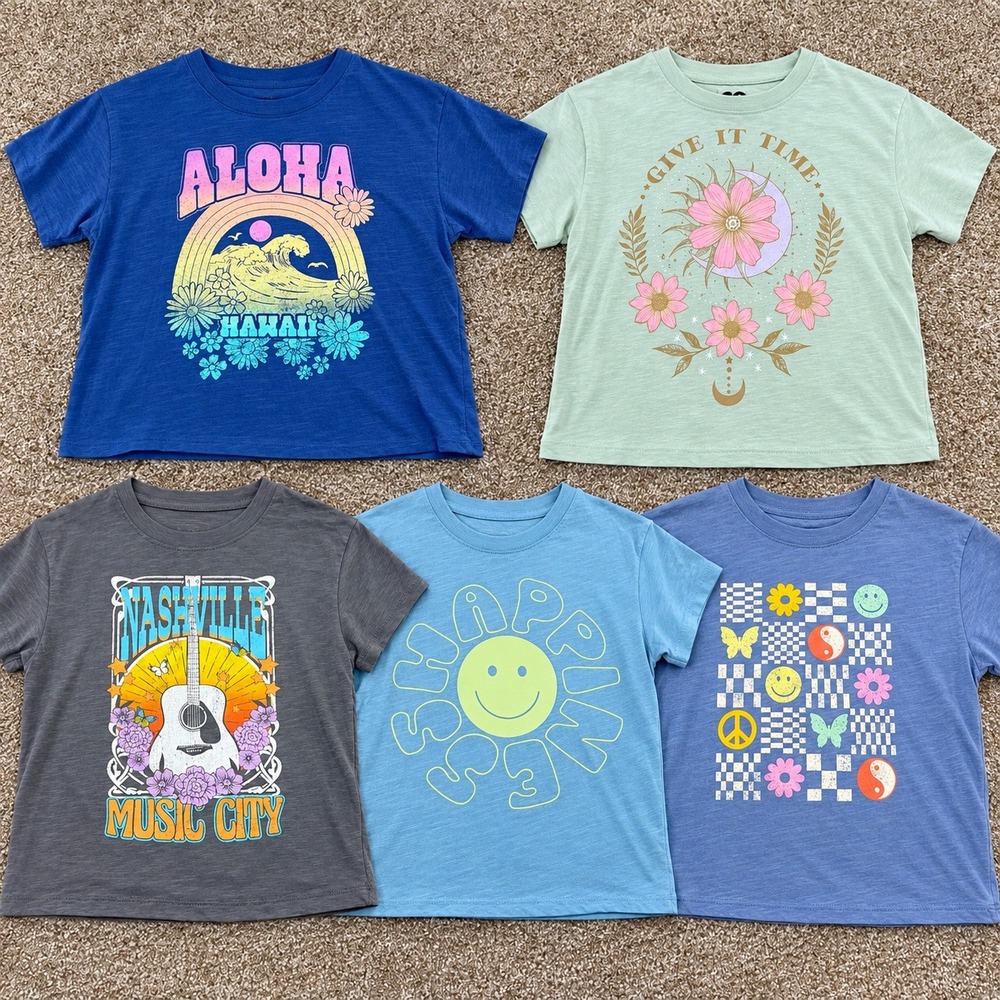 Old Navy Girls Large 10-12 Graphic T-Shirt Lot Boho Aloha Nashville Smiley Face